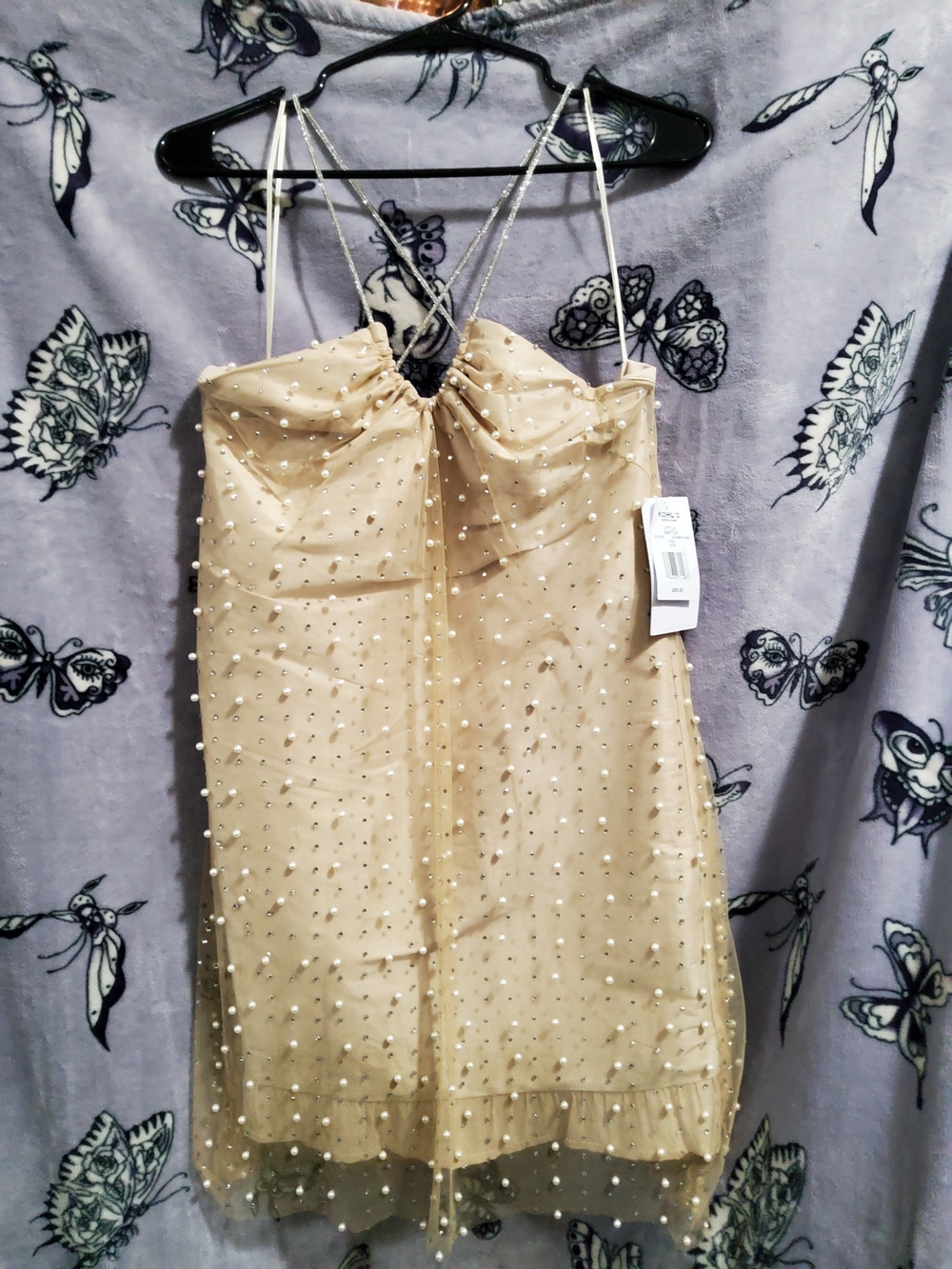 Violet Weekend Sleeveless Beaded Beige/Gold Party Dress with Spaghetti Straps